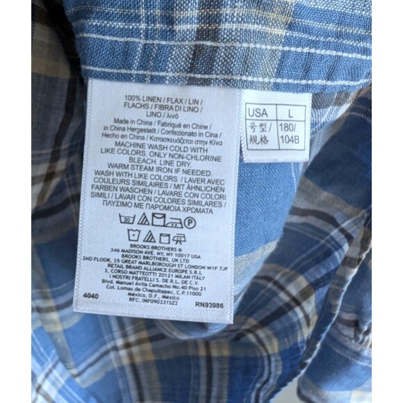 Brooks Brothers Size Large Linen Shirt Mens Blue Plaid Roll Tab Epaulets Irish - Picture 6 of 7